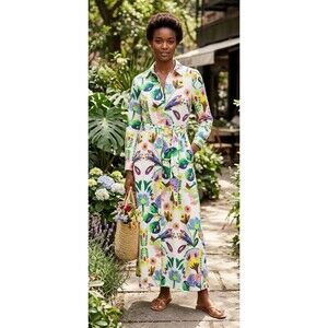 Zara Poplin Shirt Dress Midi Belted Floral Print Roll Cuff Sleeve Cotton Small